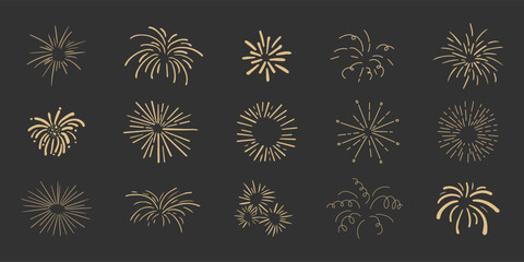 Sticker - Set gold fireworks, firecrackers golden burst, rays festive doodle sparkle lights isolated on dark background.Celebration, Party Icon, Anniversary, New Year Eve, independence