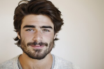 Handsome Young Man with Brown Hair and Beard Portrait on Neutral Background