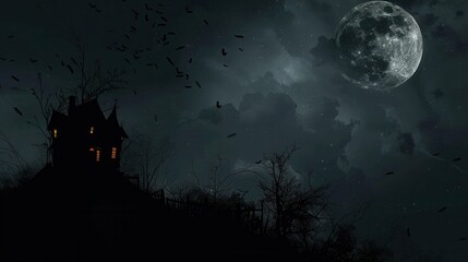 Wall Mural - a spooky halloween background featuring dark, eerie elements like a full moon, haunted house silhoue