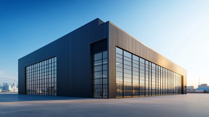 Empty large modern warehouse exterior with metal cladding and large windows, set against the backdrop of clear sky. Logistics distribution center, Retail warehouse.