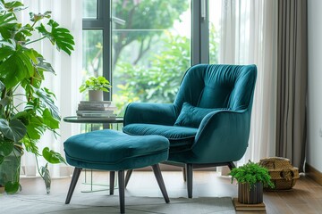 Teal velvet armchair with dark wood legs and ottoman in front of large window, modern decor with books on the floor, green plants, and white walls.