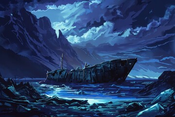 Wall Mural - a digital painting depicting a ship wreck on a dark mysterious coastline