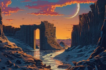 Wall Mural - An ancient stone archway stands tall against a backdrop of a crescent moon and fiery clouds