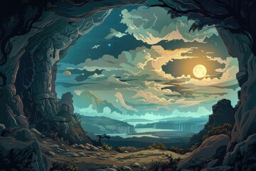 Wall Mural - a mystical cave opening reveals a night sky filled with stars and a full moon