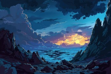 Wall Mural - sunset over a rocky landscape with dramatic clouds