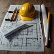 © Владимир Стеблев - Blueprint floor plan architectural project on the table with yellow helmet and pencil