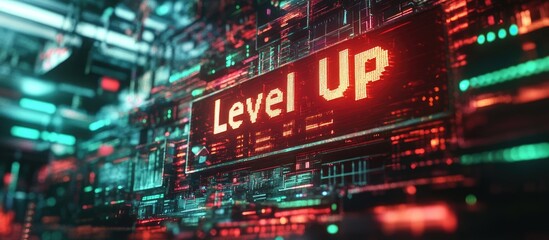 Poster - 3D Rendering of Level Up Text with Technological Glitch Effects and Diverse Screen Interference