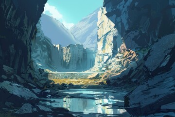 Wall Mural - A Serene Mountain Valley With A Still Pool Of Water Reflecting The Ancient Stone Structures