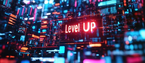 Poster - 3D Rendering of Level Up Text with Technological Glitch Effects and Diverse Screen Interference