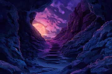 Wall Mural - a path ascends through a dark alien landscape illuminated by a glowing moon and a starfilled sky