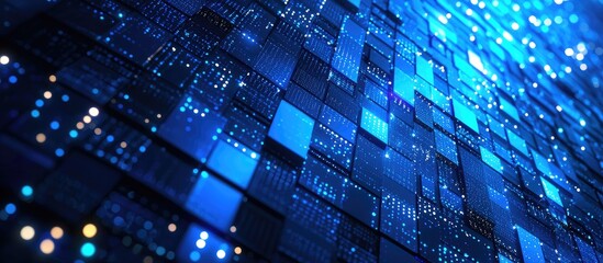 Fototapete - Abstract blue mosaic background featuring LED squares emphasizing a digital technology concept Vibrant pixel grid design in a three dimensional rendering