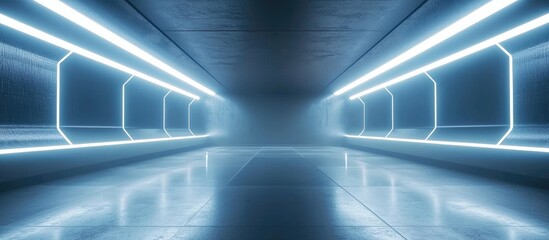 Poster - Abstract Futuristic Interior with Illuminated Sci Fi Corridor and Modern Cement Floor and Wall Design Ideal for Product Display and Showcase 3D Rendered Environment Concept