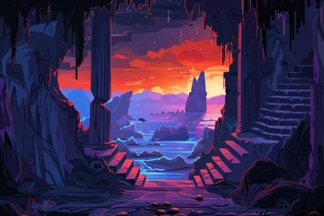 Wall Mural - A mystical passageway leads to a breathtaking view of a distant starlit sunset over an ocean