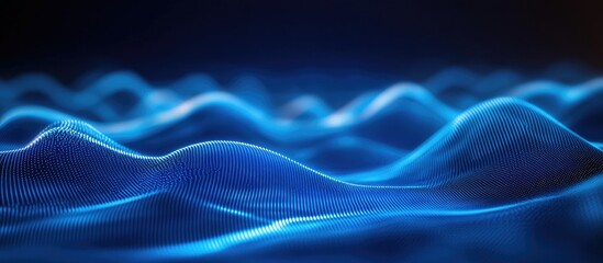 Poster - Abstract glowing blue wave background with curved lines representing sound frequencies and technology