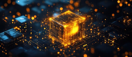 Aufkleber - Abstract technology background featuring a golden digital box shape illuminated with light representing science and technology concepts 3D rendering