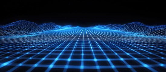 Aufkleber - Abstract technology wireframe landscape with perspective grid and digital space featuring a blue mesh against a black background 3D rendering