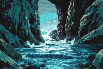 Wall Mural - An illustration of a dramatic seascape with turquoise water crashing through a rocky inlet