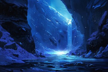 Wall Mural - a digital painting depicts a waterfall cascading into a glacial lake in a snowy mountain cave
