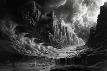Wall Mural - a dramatic black and white landscape with a moon and waves crashing against rocky cliffs