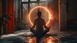 © imagineRbc - A man sits cross-legged, meditating in a serene room illuminated by a glowing light ring as evening light filters through the windows