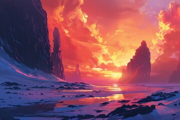 Wall Mural - A digital painting of a colorful sunset over a rocky seascape