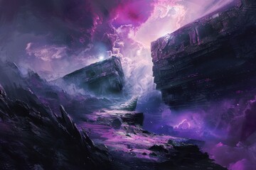 Wall Mural - A digital art piece depicting a fantastical landscape under a purple sky