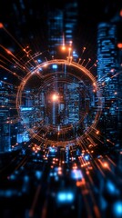Poster - An abstract representation of technology and data flow, showcasing vibrant lights and a futuristic urban landscape.