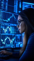 Poster - A focused woman analyzes stock market data on a computer screen, showcasing modern finance and technology in a professional setting.