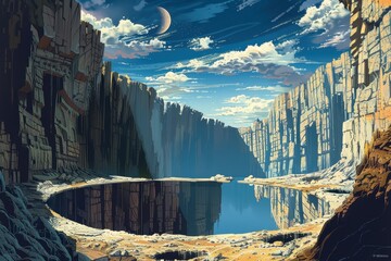 Wall Mural - A Surreal Canyon Landscape with a Crescent Moon and Reflective Water