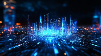 Poster - Futuristic digital cityscape with glowing blue lights and dynamic lines, symbolizing technology and innovation in a virtual world.