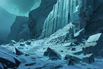 Wall Mural - a digital illustration depicting a frozen landscape with jagged ice cliffs and a shattered terrain