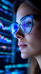 Poster - Focused woman in glasses analyzing data on a futuristic screen, embodying technology and finance innovation.