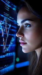 Poster - A focused woman observing data analytics on a digital screen, reflecting modern technology and finance in a corporate environment.