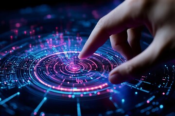 Poster - A close-up of a finger interacting with a glowing digital interface, symbolizing technology, innovation, and connectivity.