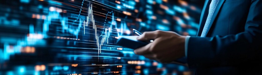 Poster - A business professional analyzing data on a smartphone, showcasing modern technology and financial market insights.