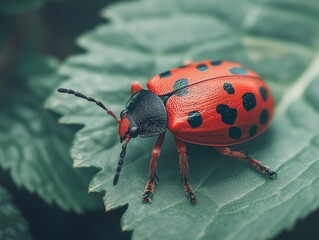 Poster - Red and black bug on green leaf