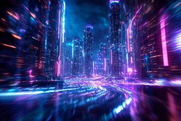 Poster - A vibrant, neon-lit cityscape with futuristic architecture and dynamic lighting effects, evoking a sense of motion and energy.