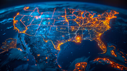 Poster - Nighttime Illuminated Map of USA Communication Network showcasing Connectivity and Infrastructure with Glowing City Lights and State Borders from Space