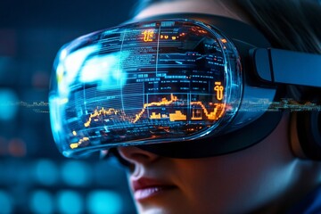 Poster - A person wearing a virtual reality headset immersed in digital data visualization, representing technology and innovation.