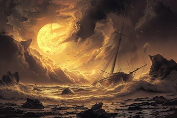 Wall Mural - A ship battered by a storm sails beneath a glowing moon in a fantastical sea