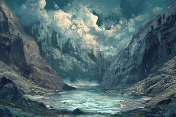 Wall Mural - A river flows through a majestic mountain range with a dramatic sky above
