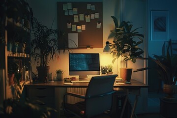 Poster - A computer monitor placed on a wooden desk with a simple setup
