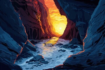 Wall Mural - A river flows through a narrow canyon at sunset the warm light illuminating the rocks and water