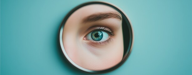 Close-up of blue eye in circular mirror on turquoise background.