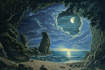 Wall Mural - A breathtaking night scene of a moonlit beach surrounded by cliffs and framed by lush trees