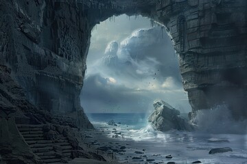 Wall Mural - a view through a cave entrance leading to a sea and mountains in the distance