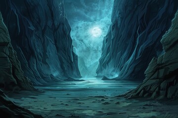 Wall Mural - the image depicts a mystical canyon illuminated by a full moon