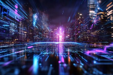 Poster - A vivid cityscape at night, illuminated by vibrant lines of light, creating a futuristic and dynamic atmosphere.