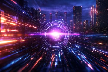 Poster - A stunning futuristic cityscape with dynamic light trails, creating a vibrant and energetic atmosphere at nighttime.