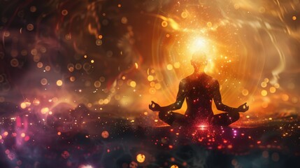 a figure meditates in a cosmic landscape, connecting with chakras and universal energy amidst vibran